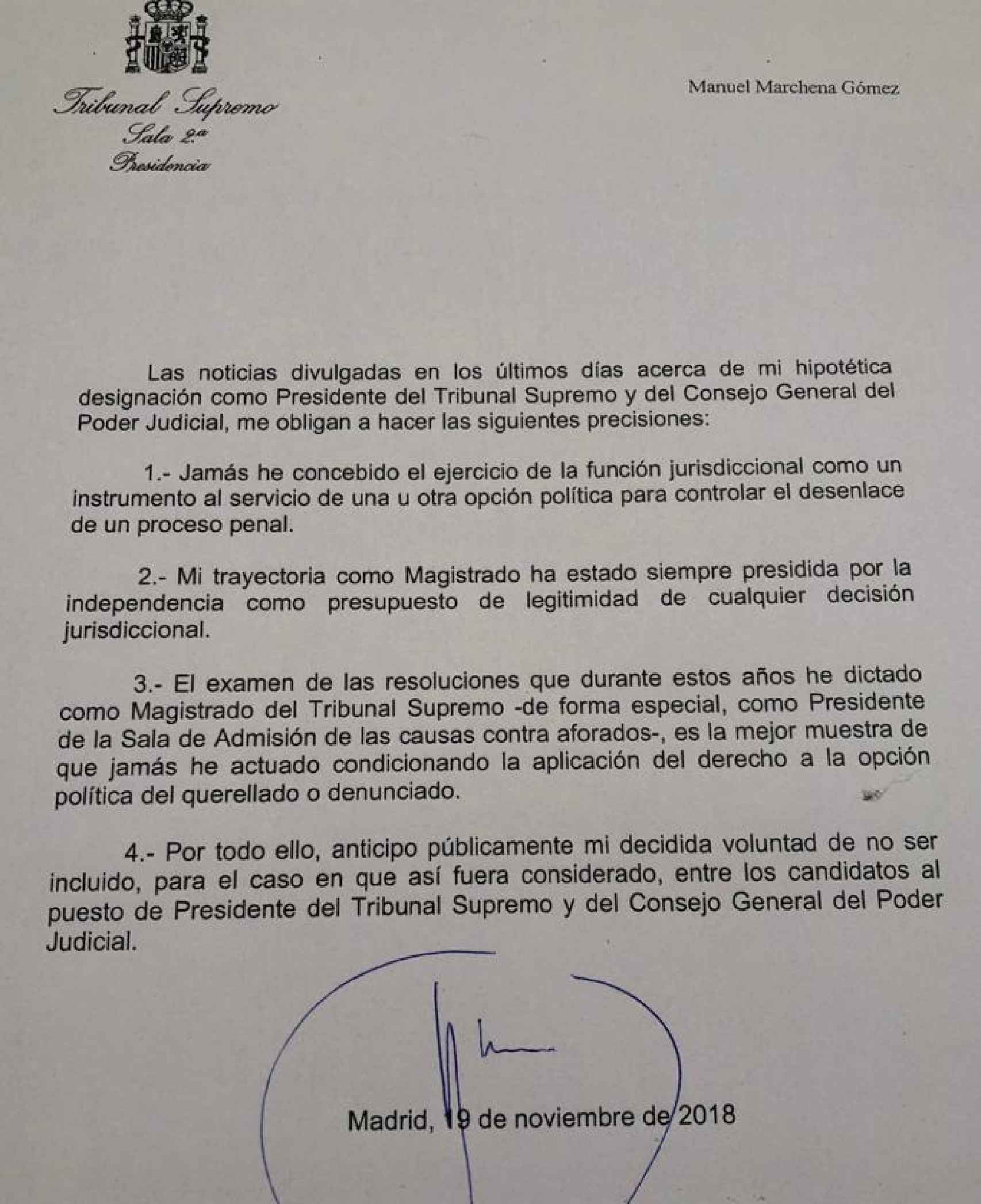 Carta de renuncia de Manuel Marchena a presidir el CGPJ y el Supremo.