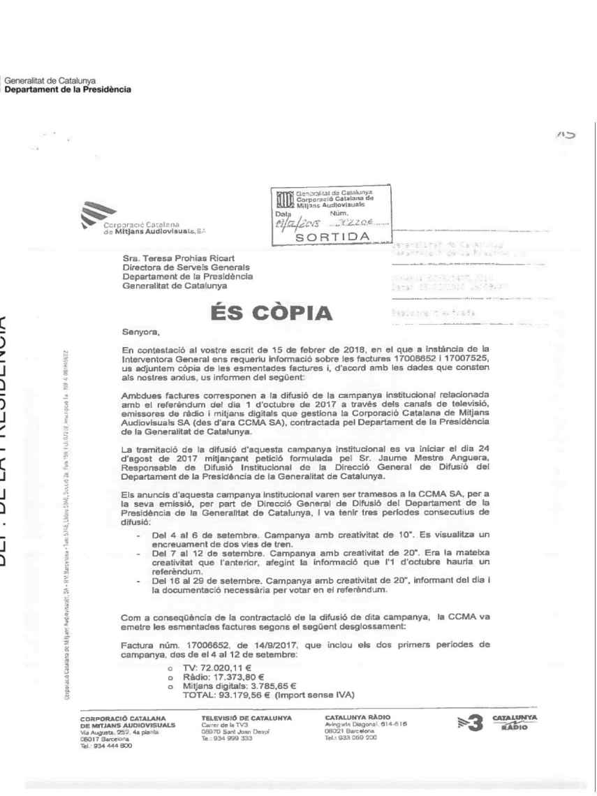 Primera página de la carta de Brauli Duart a Presidencia de la Generalidad.
