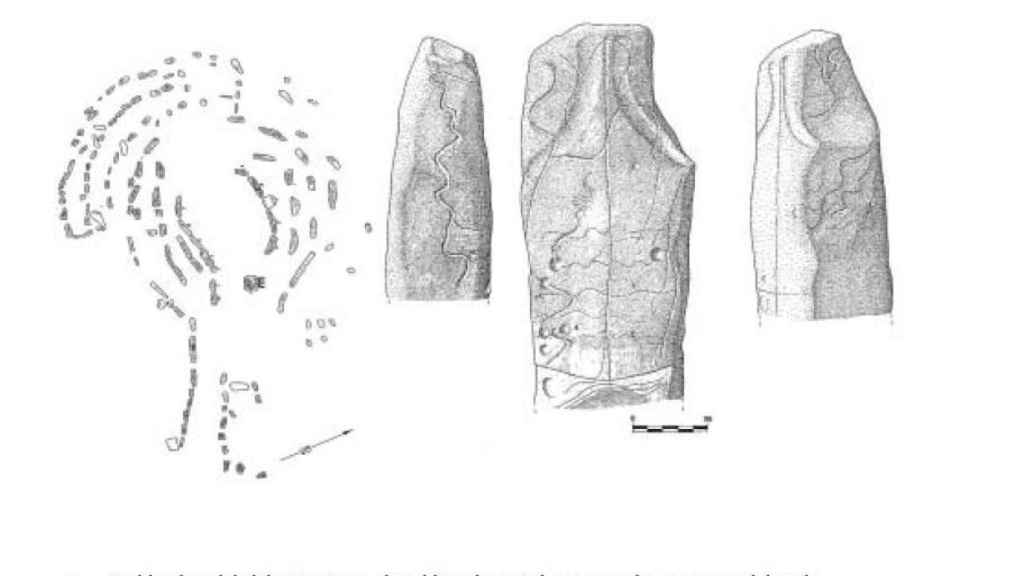 Planta del dolmen de Guadalperal y dibujos del menhir y sus inscripciones talladas.