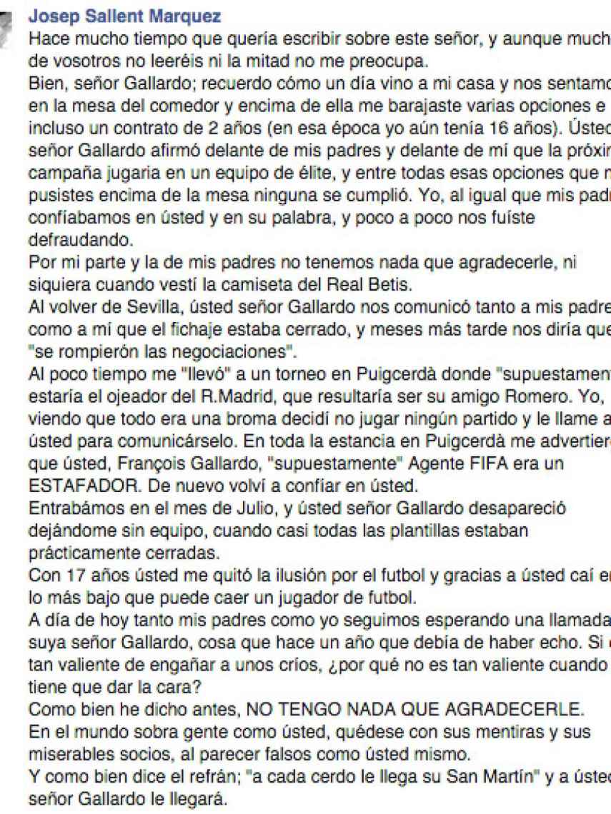 Josep Sallent escribió este mensaje contra Gallardo en sus redes